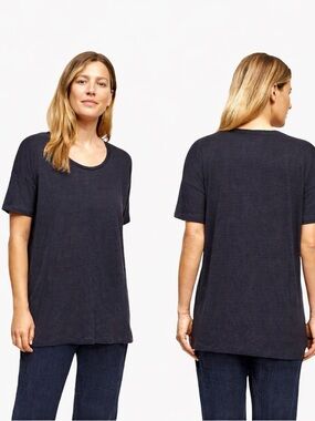 EILEEN FISHER WOMAN 100% Linen Navy Blue U-Neck Short Sleeve Tee Tunic US Sz 3X